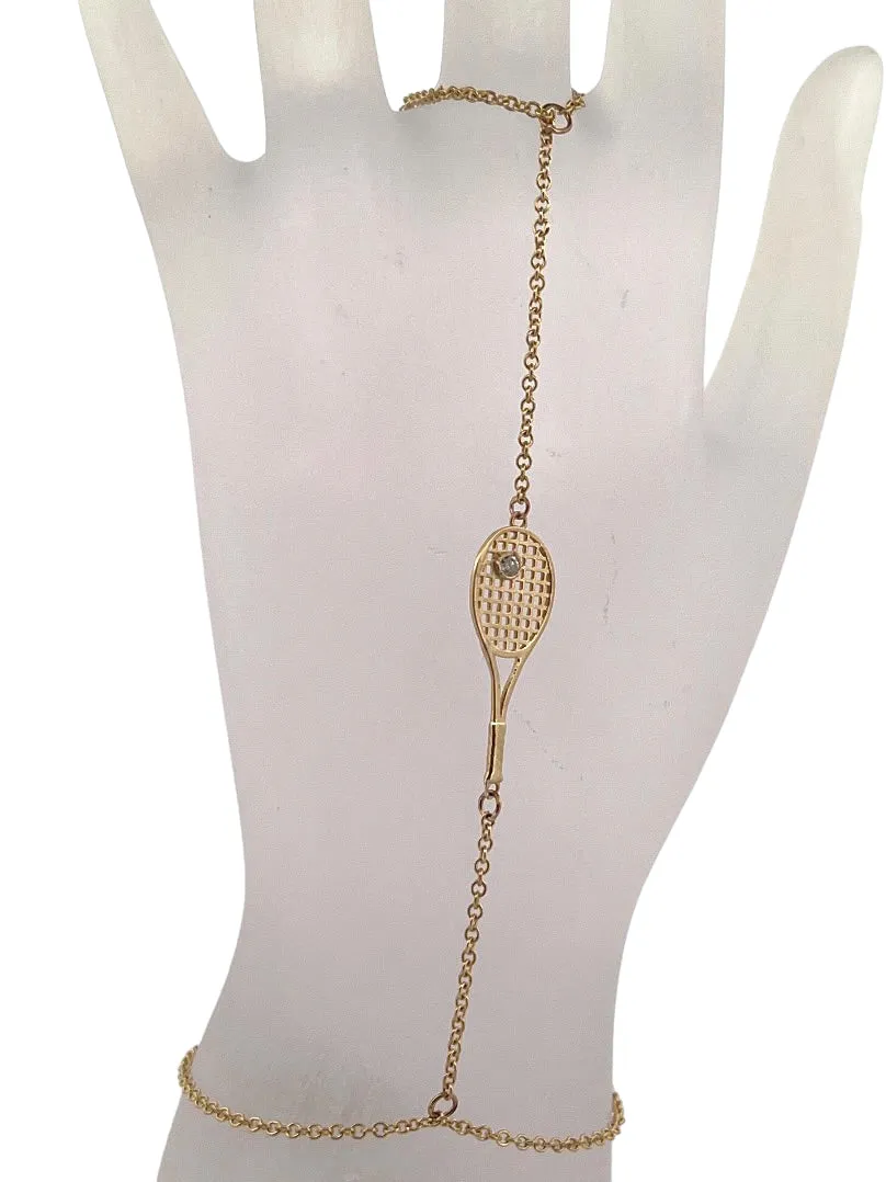 Dainty Solid Gold Tennis Racket and Diamond Ball Hand Jewel