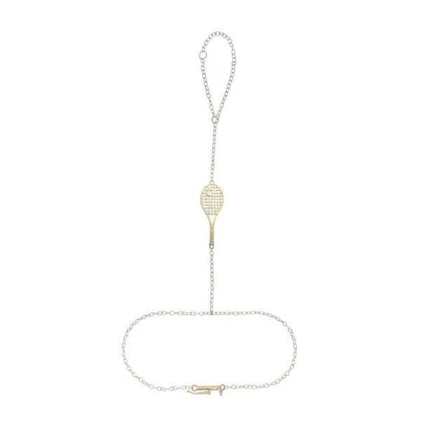 Dainty Solid Gold Tennis Racket and Diamond Ball Hand Jewel