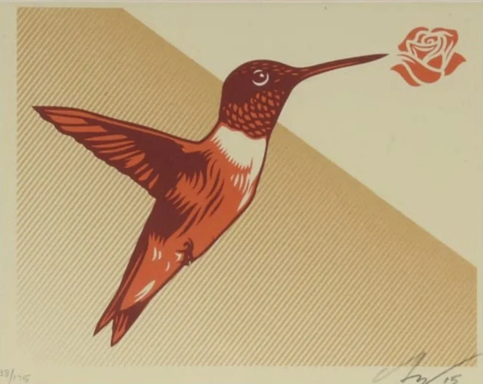 Digital Colibri Red Gold Serigraph Print by Ernesto Yerena Montejano- Hecho Con Ganas